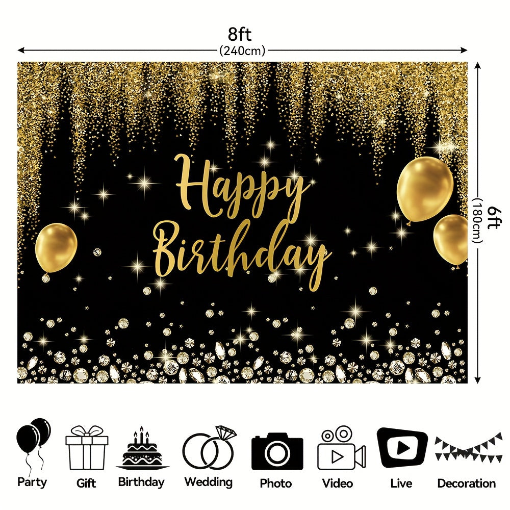 Luxurious Black & Golden Happy Birthday Backdrop with Diamond Balloons and Glitter - Polyester Photography Background for Indoor/Outdoor Parties, 152.4x91.44cm/213.36x152.4cm/243.84x182.88cm