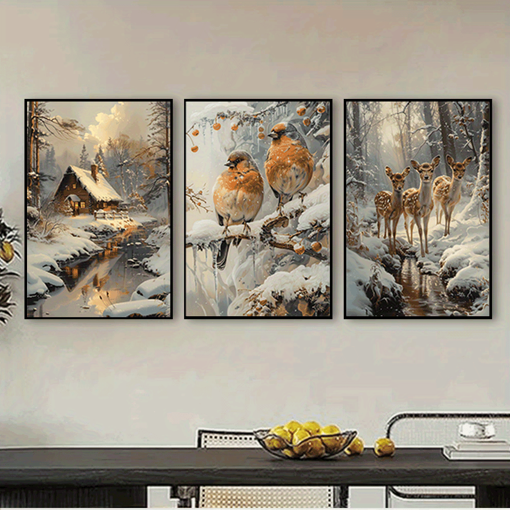 Winter Cabin & Wildlife Canvas Art Set, 39.88x59.94cm - 3pcs