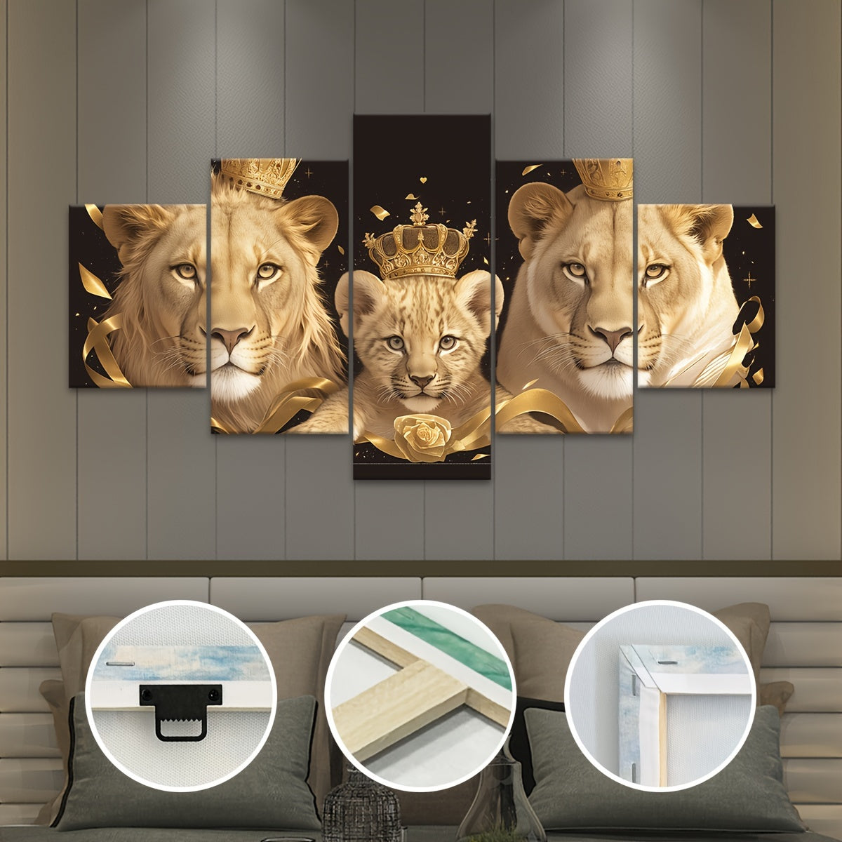 Art Deco Lion Family Canvas Wall Art Set - 5pcs