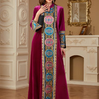 Women's Autumn and Winter Fashion V-Neck Elegant Retro Patchwork Solid Color Loose Arabic Long Dress