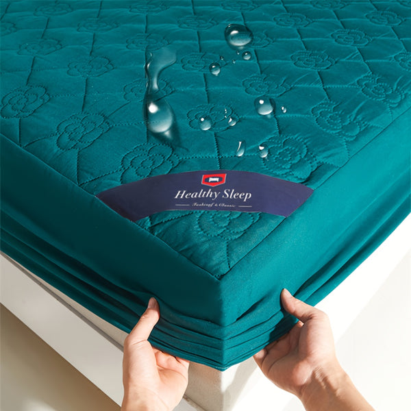 1pc Waterproof Comfort Mattress Protector - Soft & Breathable Soundwave technology Fitted Sheet, Noise-Free Teal Green Cover with Floral Quilted Design for Bedrooms, Hotels, and Dorms, Dorm Room Bedding | Quilted Mattress Cov