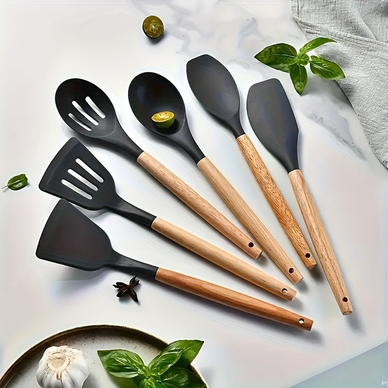 Silicone Kitchen Utensil Set with Wooden Handles