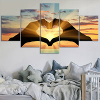 Contemporary Canvas Wall Art Set, Sunset Love Heart Hand Silhouette - 5pcs