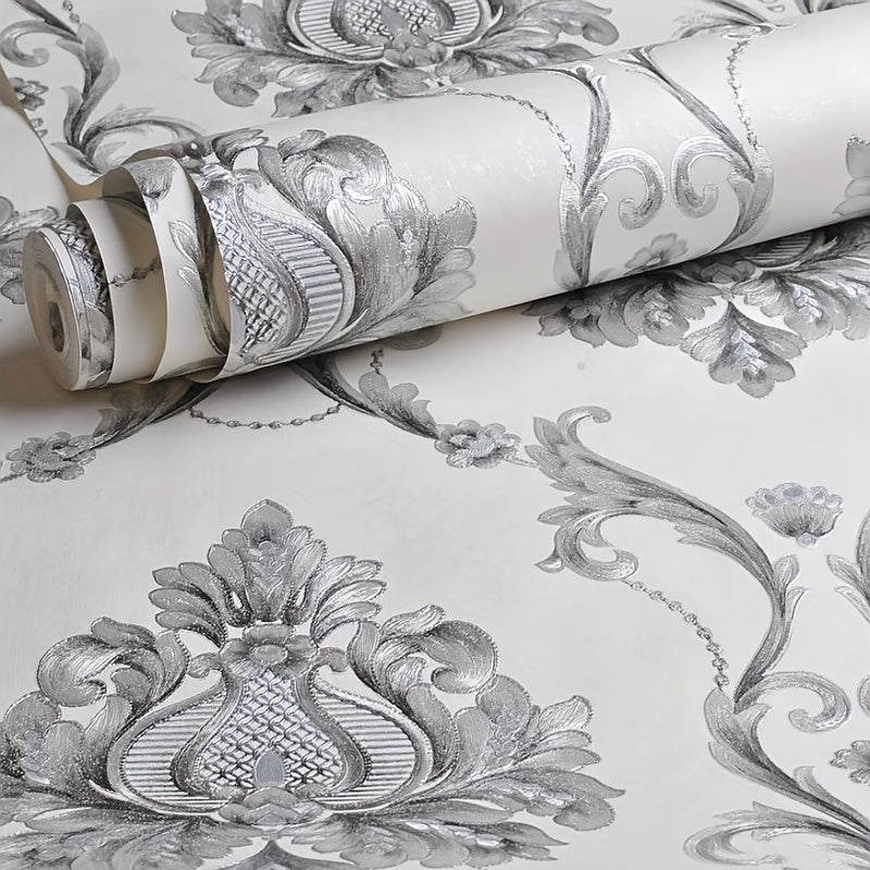 Elegant White Embossed Damask Wallpaper