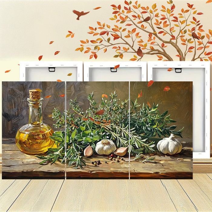 Canvas Wall Art, Rustic Kitchen Still Life with Herbs and Garlic - 3 Pcs