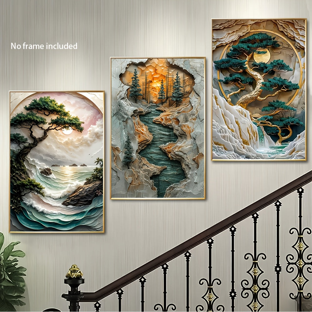 Room Decor - Sun, Moon & Cypress Mountain Stone Carving Art - 3pcs Set