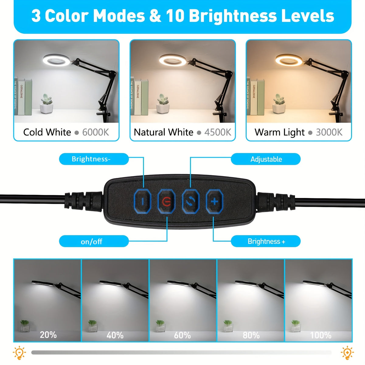 LED Lighted Magnifying Glass with Stand - Dimming, Flexible Arm, 360° Adjustable Head
