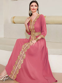 Ramadan Lace Trim V Neck Kaftan, Elegant Long Sleeve Maxi Dress, Women's Clothing