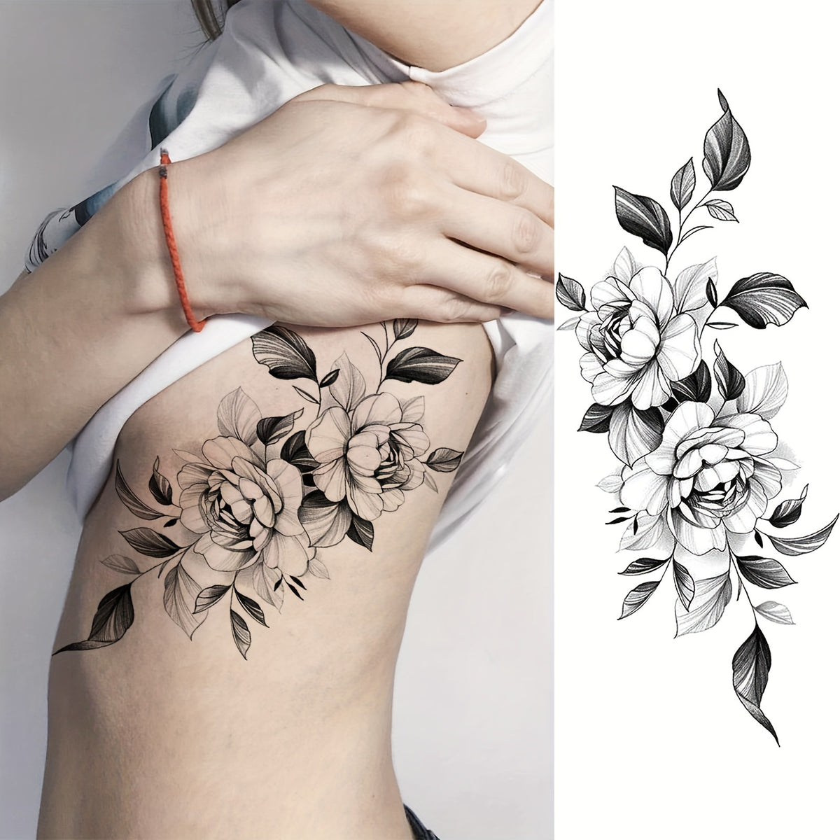 Black Sketch Peony Flower Temporary Tattoo - 1 Sheet