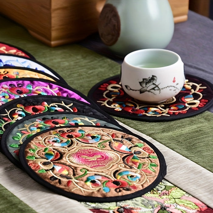 12 Pieces of Traditional Chinese Embroidered Coasters - 12.8cm/5.03in Diameter - Linen Blend Cover - Perfect for Home and Kitchen Decor