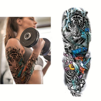 Full Arm Temporary Tattoos, Colorful Skull Tiger Fish Tribal Totem And Dragon - 12pcs
