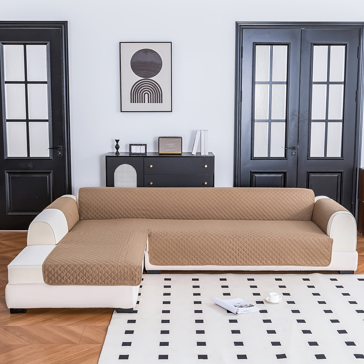 1pc Classic Reversible L-Shaped Sofa Cover, T-Cushion Polyester Protector with Ultrasonic Embossing, Machine Washable, Pet-Friendly Dual-Sided Dustproof Slipcover for Sectional Sofas