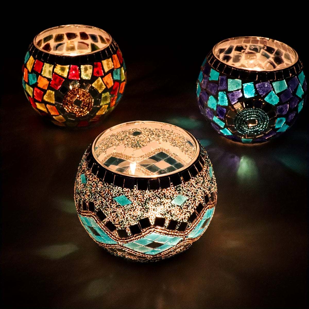 Set of 3 Glamorous Handcrafted Turkish Moroccan Mosaic Glass Candle Holders - Lacquered Finish Tabletop Candle Bowls for Romantic Dinners, Home Decor, and Multicultural Festivities Including Christmas, Hanukkah, Ramadan, and