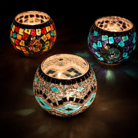 Set of 3 Glamorous Handcrafted Turkish Moroccan Mosaic Glass Candle Holders - Lacquered Finish Tabletop Candle Bowls for Romantic Dinners, Home Decor, and Multicultural Festivities Including Christmas, Hanukkah, Ramadan, and