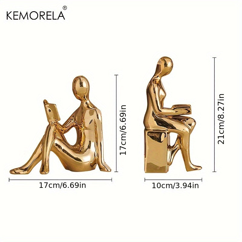 KEMORELA Vintage Ceramic Figurines Set of 2, Luxury Book Reading Statues, Non-Electric Decor for Living Room, Bedroom, Home and Office