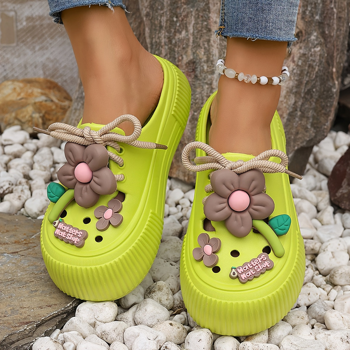 Women's Flower Decor Clogs, Casual Hollow Out Design Garden Shoes, Comfortable Slip On Beach Shoes