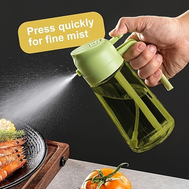 Kitchen Glass Olive Oil Dispenser, 2-in-1 Oil Bottle and Cooking Sprayer, Auto Flip Cap, 16oz Olive Green (Light Blocking) with Label Stickers