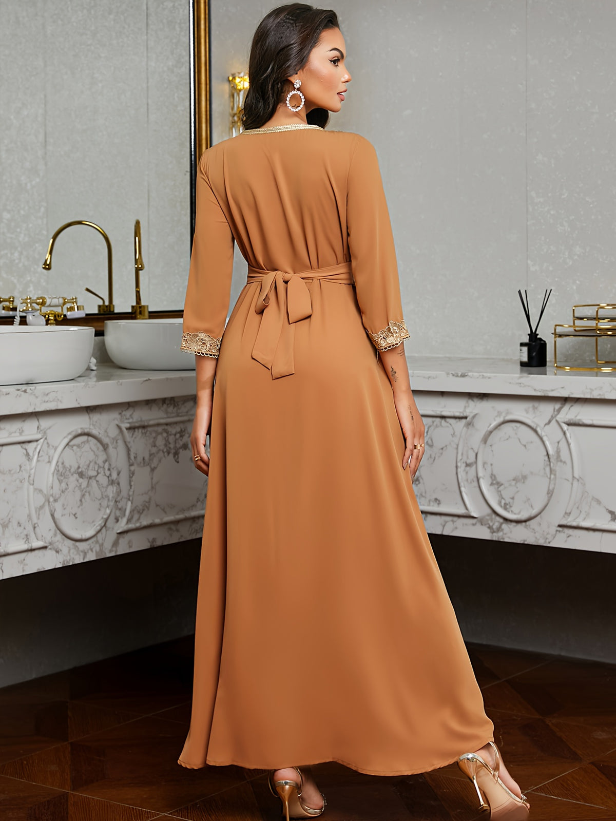 Ramadan Lace Trim V Neck Kaftan, Elegant Long Sleeve Maxi Dress, Women's Clothing