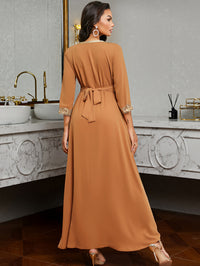 Ramadan Lace Trim V Neck Kaftan, Elegant Long Sleeve Maxi Dress, Women's Clothing