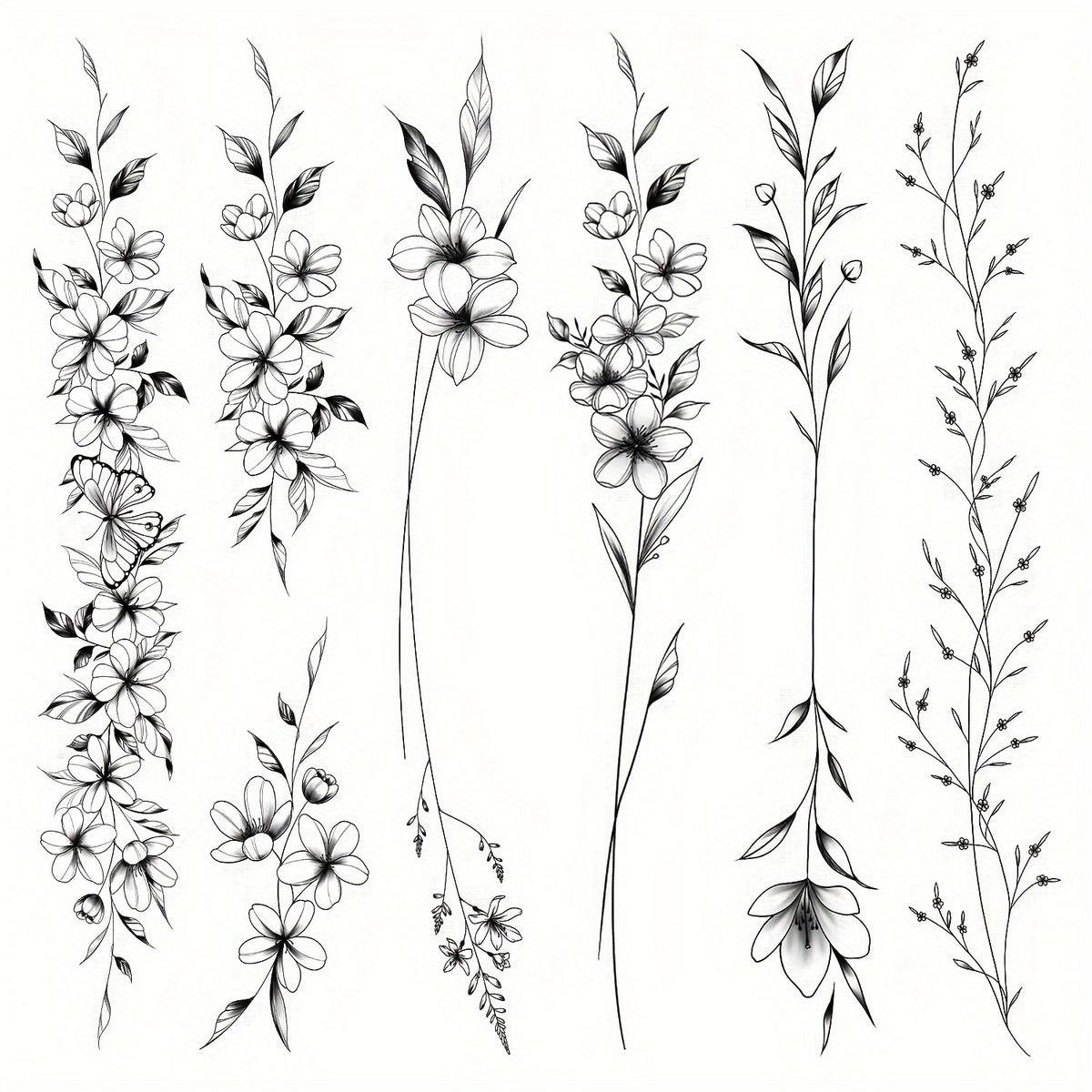 Temporary Tattoos - Long Flowers Vine Leaves Plant Designs - 12 Sheets