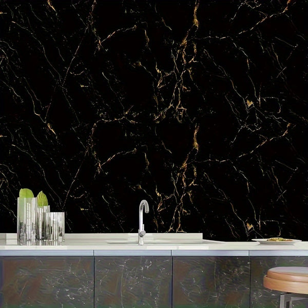 1 Roll Black Gold Marble Textured Self-Adhesive Waterproof Wallpaper, Heat-Resistant Kitchen Wall Covering, Easy Peel & Stick Vinyl Film for Furniture/Tabletop/Room Decor Renovation
