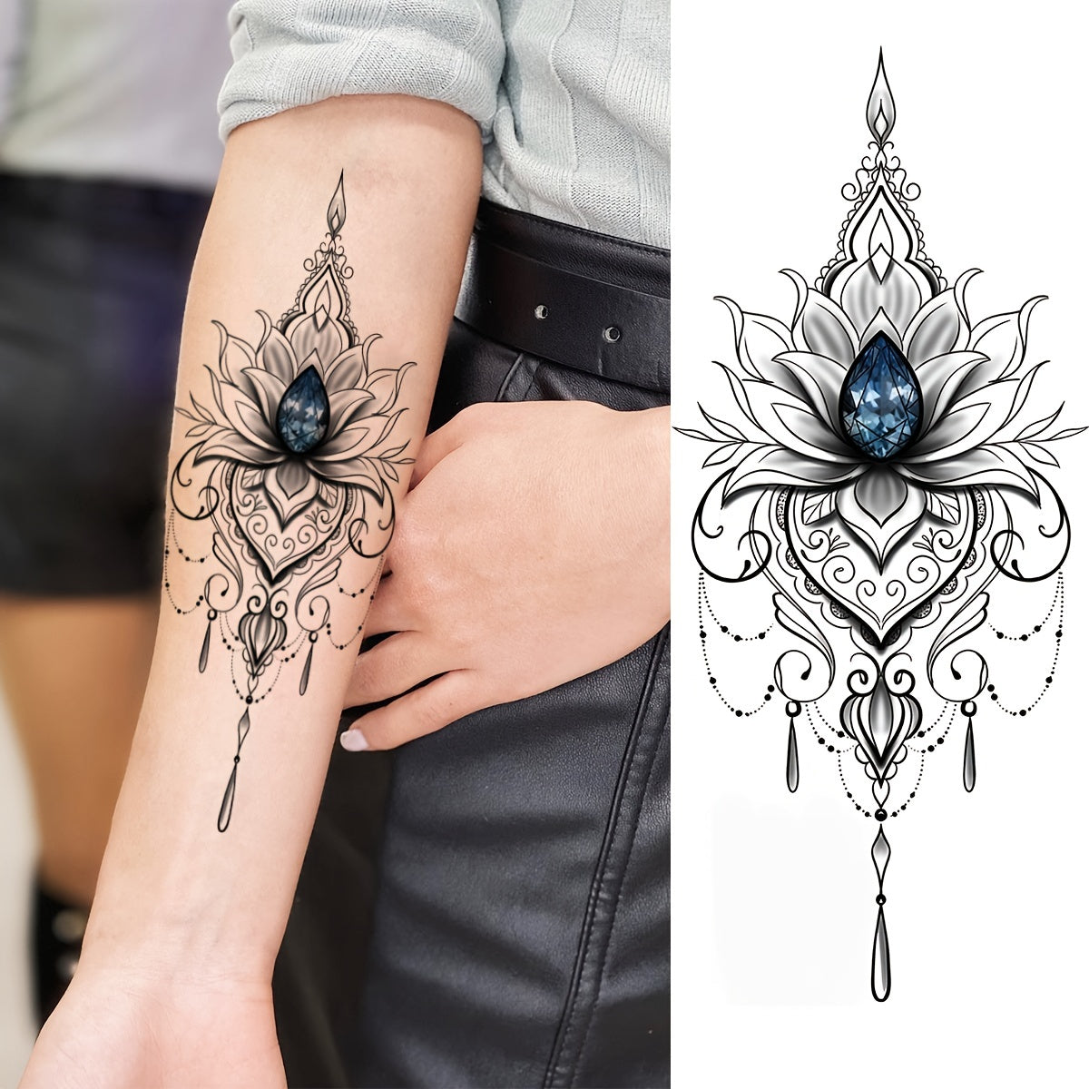 Black Henna Lotus Temporary Tattoos - Tribal Lace - 10 Sheets