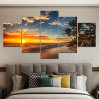 Wooden Framed Canvas Poster, Sunset Sea View Beach Coconut Trees Canvas - 5pcs/set