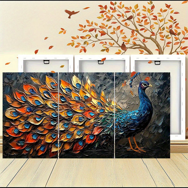 Elegant Peacock Canvas Wall Art - 3pcs Set