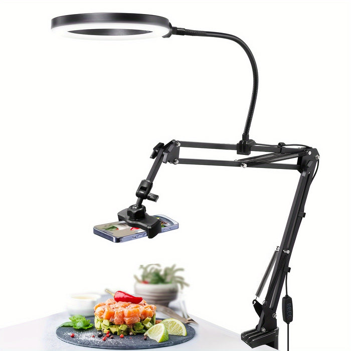 Adjustable Overhead Phone Mount with Ring Light, Articulating Arm Desktop Stand