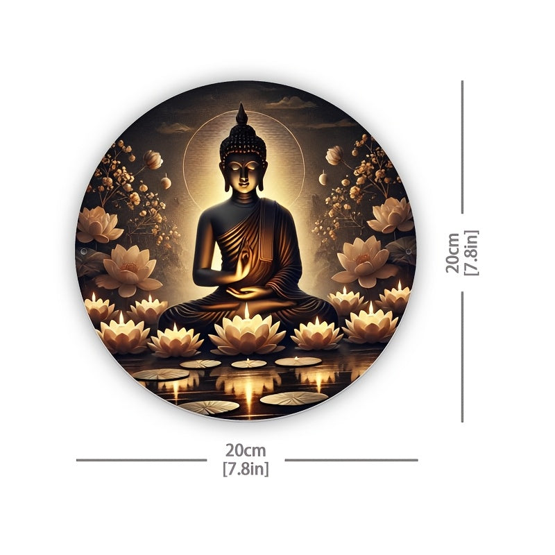 Room Decor 1pc Serene Buddha Meditation Round Iron Sign, 20.32x20.32 cm, Glowing Lotus and Candlelight Design, Indoor and Outdoor Decor for Living Room, Bar, Cafe