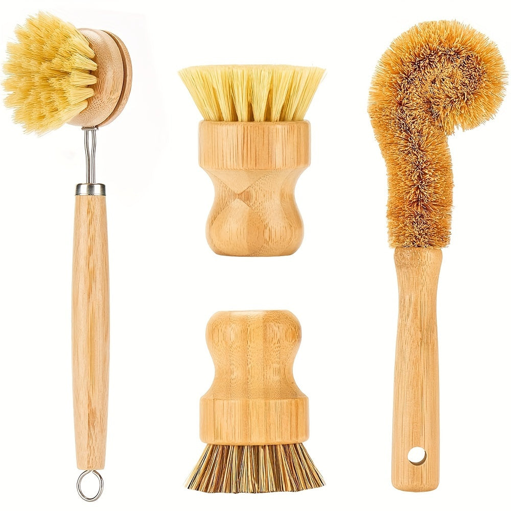 2/4pcs Natural Wood Handle Kitchen Cleaning Brush Set, Reusable Medium Firmness, with Sisal and Palm Fiber, for Pots, Pans, and Vegetables, Non-Electric Cookware Scrubbing Kit