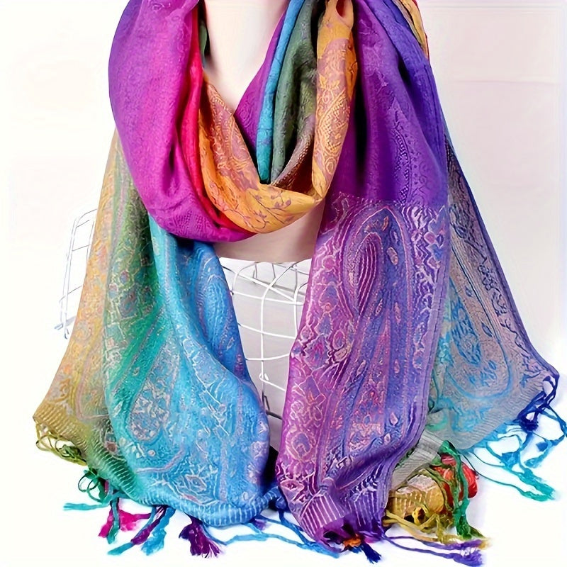 Elegant Bohemian Paisley Jacquard Satin Scarf with Rainbow Gradient and Tassels - Stylish Windproof Shawl for Women, Perfect for Carnival and Outdoor Events