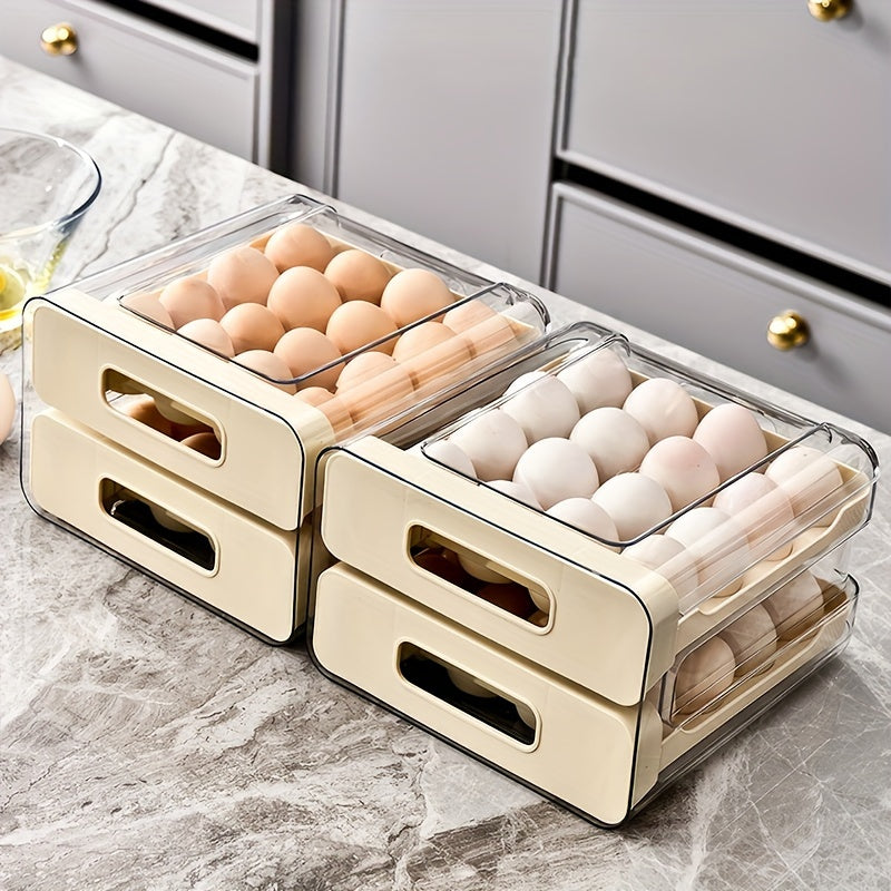 Large 32-Grid Transparent Double-Layer Egg Storage Box with Drawer