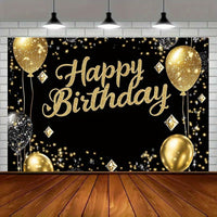 Luxury Black & Golden Happy Birthday Backdrop, Polyester Party Decor with Diamond Balloons & Sparkles, Versatile Indoor/Outdoor Celebration Banner for Weddings, Birthdays & More, No Electricity Needed