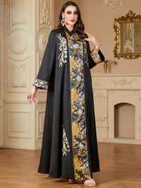 Elegant Black Maxi Dress with Sequin Embroidery & Color Block Design - Long Sleeve, Stand Collar, Polyester - Machine Washable