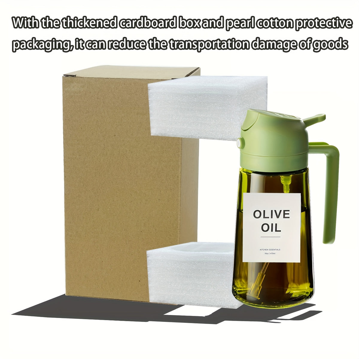 Kitchen Glass Olive Oil Dispenser, 2-in-1 Oil Bottle and Cooking Sprayer, Auto Flip Cap, 16oz Olive Green (Light Blocking) with Label Stickers