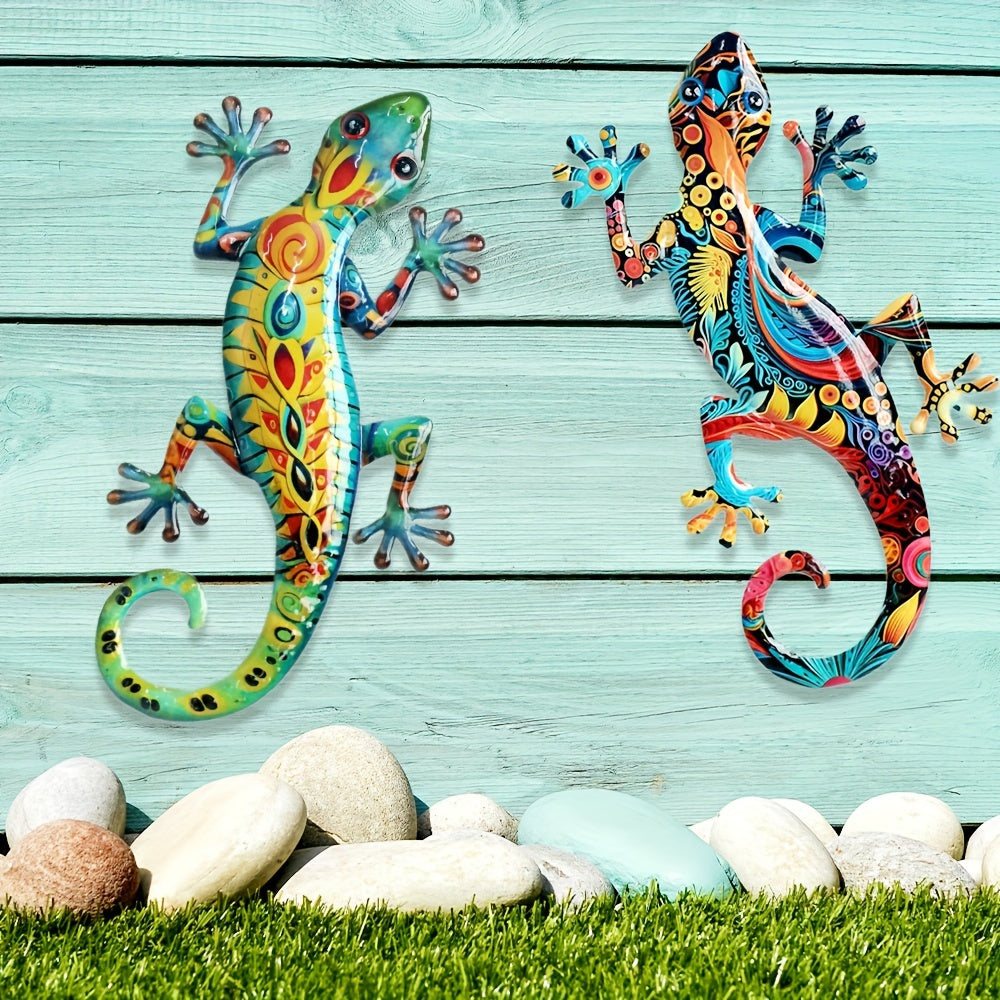 Large Metal Gecko Wall Decor with Handcrafted Floral Lizard Design - 2pcs