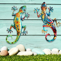 Large Metal Gecko Wall Decor with Handcrafted Floral Lizard Design - 2pcs