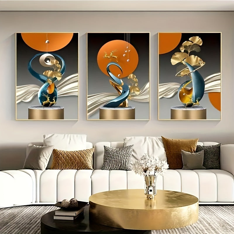 Modern Golden Deer & Ginkgo Biloba Canvas Art Set - 3pcs