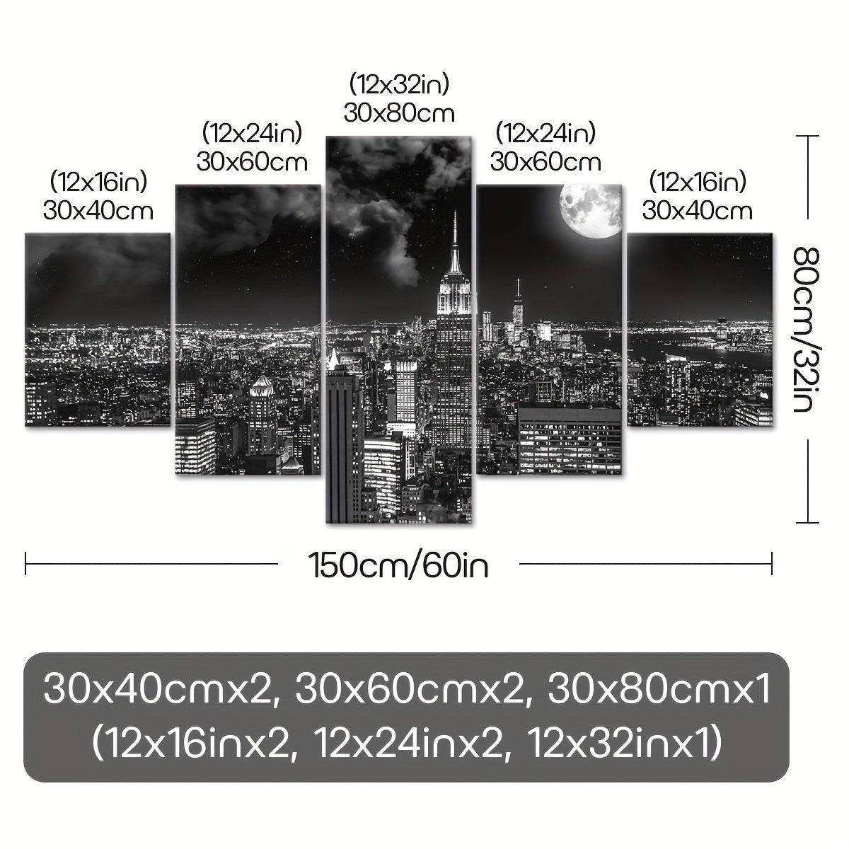 Art Deco Urban Night View Canvas Wall Art Set, Black and White City scape - 5pcs