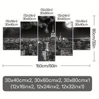 Art Deco Urban Night View Canvas Wall Art Set, Black and White City scape - 5pcs