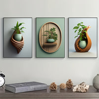 Wood Carving Ceramic Green Plant Potted Flower Canvas