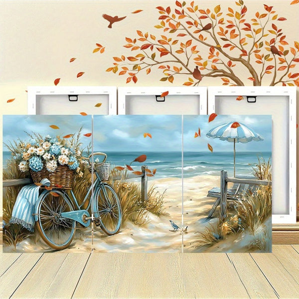 Canvas Wall Art Prints - Beach Scene with Bicycle and Ocean View - 3Pcs