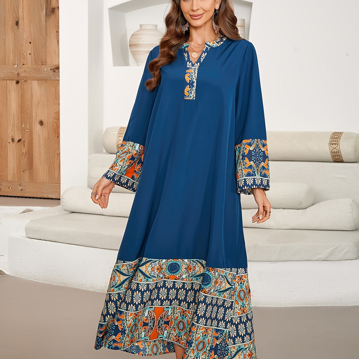 Ramadan Ethnic Print Color Block Kaftan, Elegant Notched Neck Long Sleeve Loose Maxi Length Dress, Women's Clothing