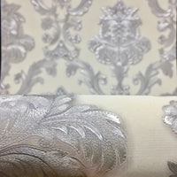 Off White and Silvery Damask Pattern, Vinyl Wallpaper