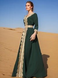 Ramadan Lace Trim V Neck Kaftan, Elegant Long Sleeve Maxi Dress, Women's Clothing