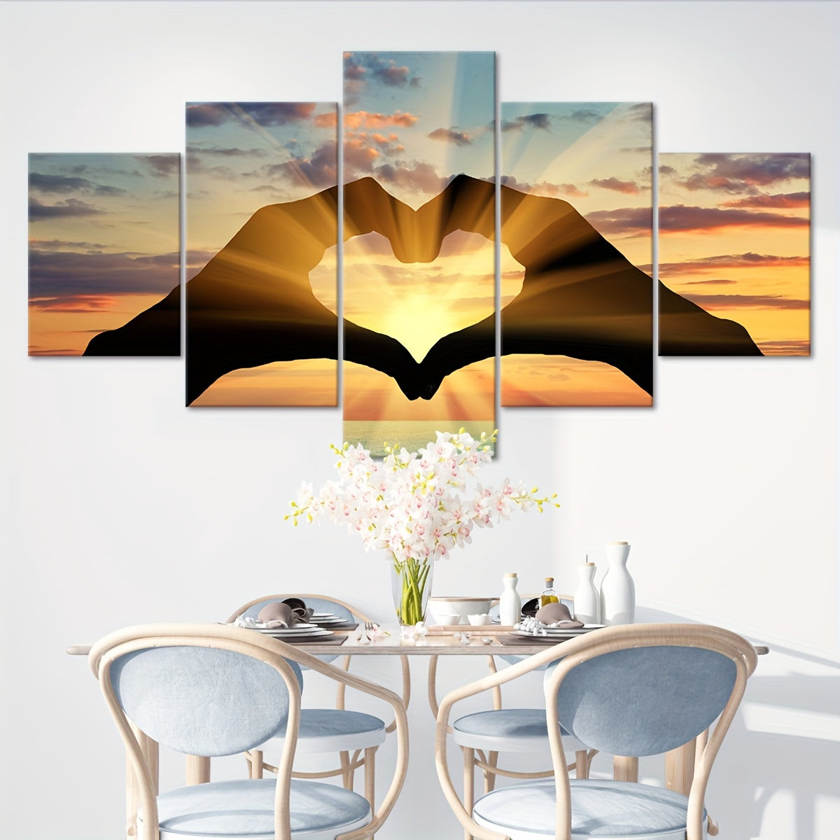 Contemporary Canvas Wall Art Set, Sunset Love Heart Hand Silhouette - 5pcs