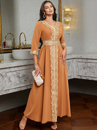 Ramadan Lace Trim V Neck Kaftan, Elegant Long Sleeve Maxi Dress, Women's Clothing