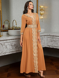 Ramadan Lace Trim V Neck Kaftan, Elegant Long Sleeve Maxi Dress, Women's Clothing