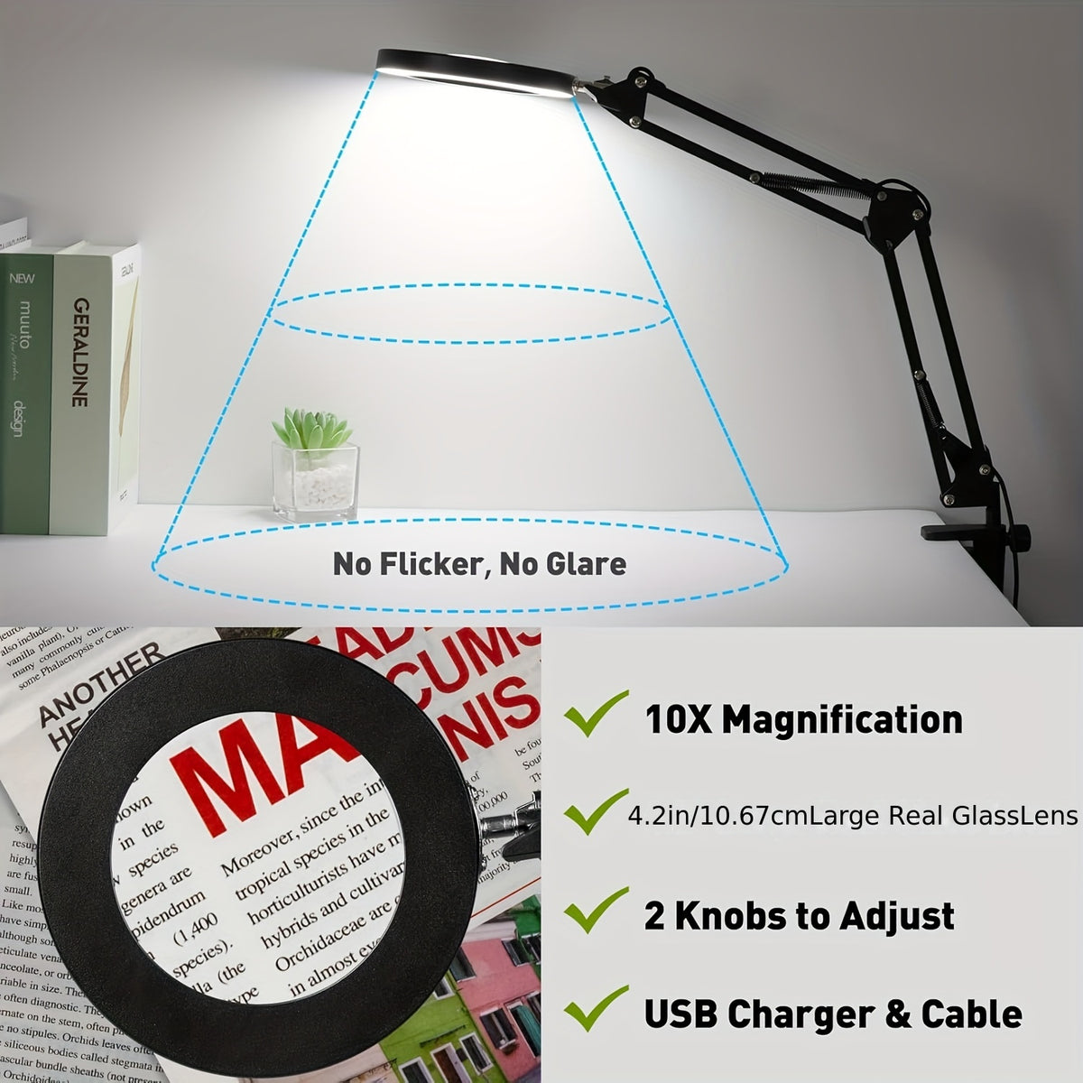 LED Lighted Magnifying Glass with Stand - Dimming, Flexible Arm, 360° Adjustable Head